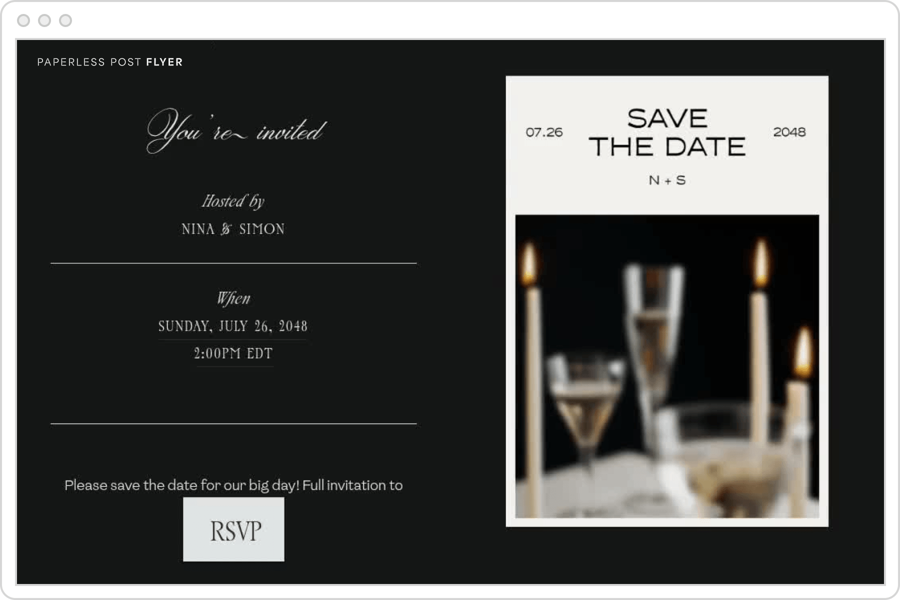 A black and white Flyer ‘Save the date’ event page featuring the words ‘You’re invited’ and a photo of a table with drinkware and candles.