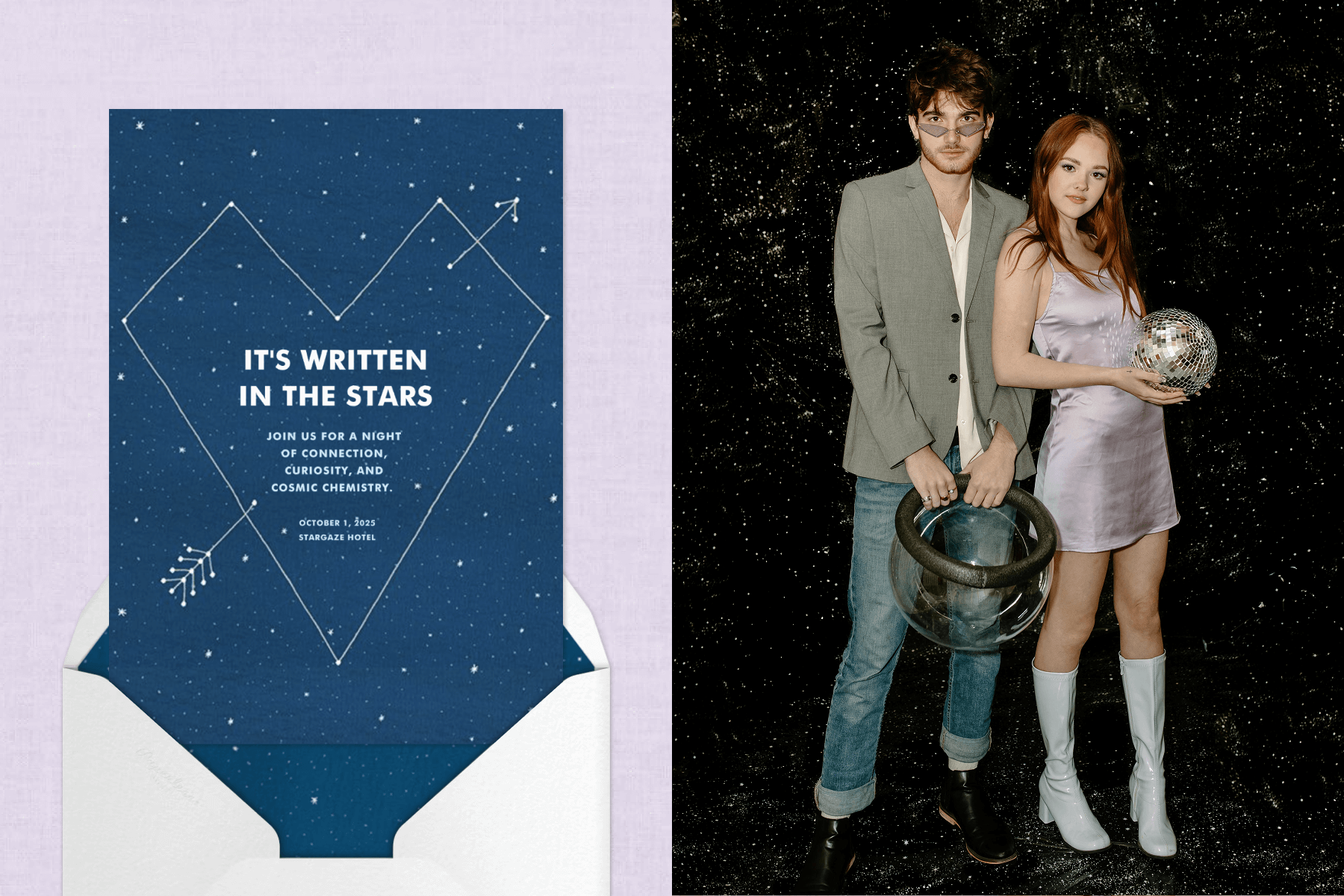 A navy constellation-themed invitation that reads “It’s written in the stars,”; A man and woman holding a disco ball and astronaut helmet in front of a black starry backdrop.