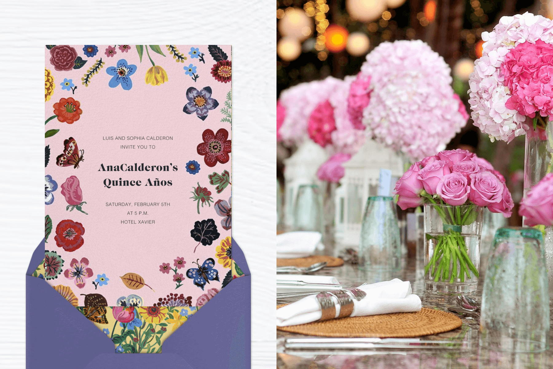 A pink quinceañera part invitation with a border of colorful illustrated flowers and butterflies paired with a purple envelope; A table set with woven placemats, white napkins, clear glass vases, and light and hot pink roses and hydrangeas.