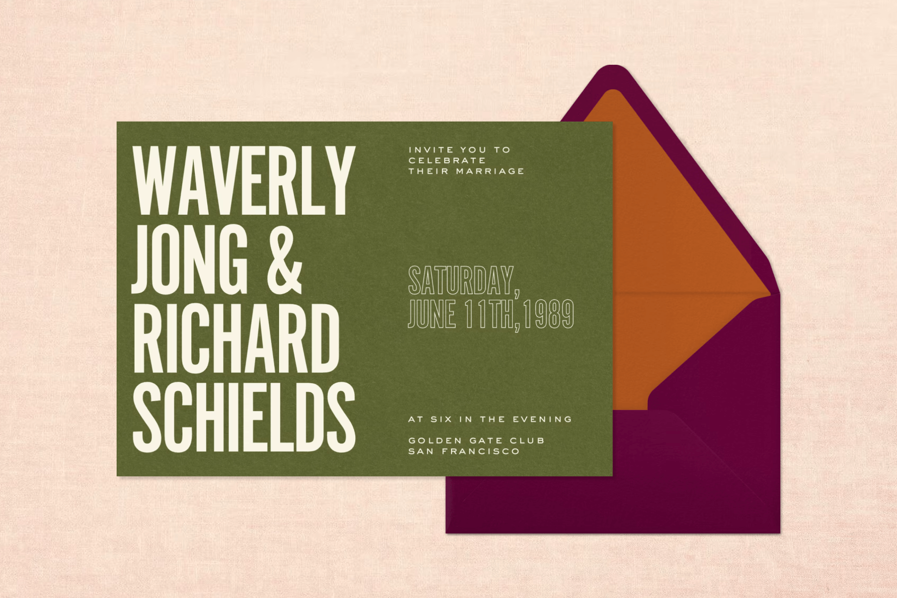 A minimalist wedding invitation with white text on a hunter green background, with a deep purple envelope and burnt orange envelope liner