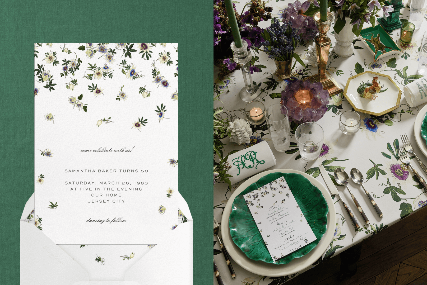 Left: A white 50th birthday dinner invitation with off-white passiflora falling from above. Right: A dinner table featuring purple flowers, green candlesticks and malachite plates. 