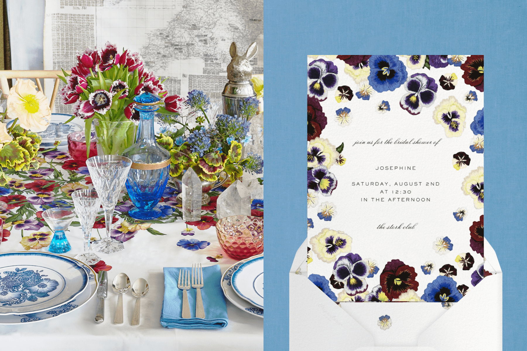 Left: A table set for a bridal luncheon with colorful flowers, white tablecloth, crystalware and a silver bunny statue. Right: A white bridal luncheon invitation framed by blue, purple and maroon pansies. 