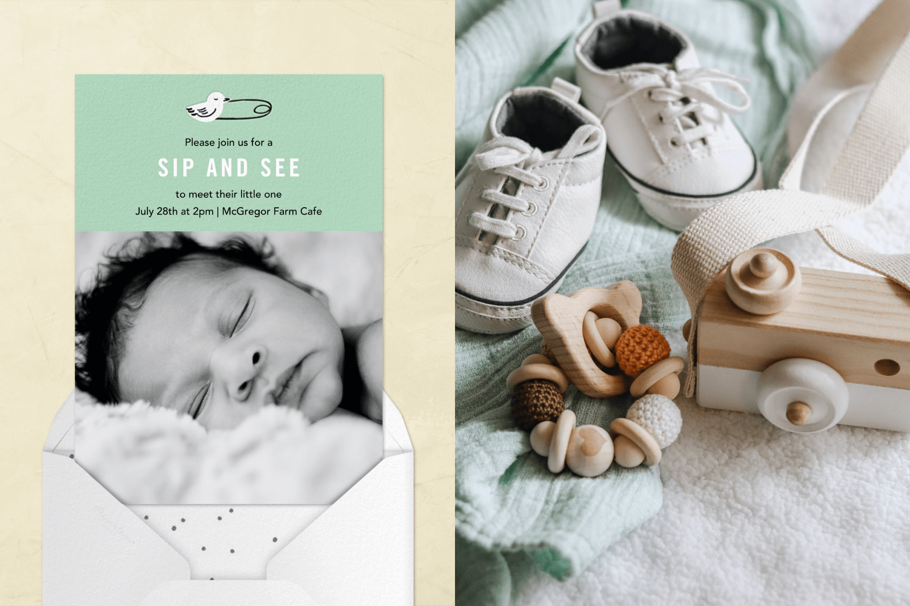 Left: A sip and see invitation shows a black and white photo of a sleeping infant below a mint green stripe with a duckling diaper safety pin. Right: White baby sneakers next to a wooden baby teething ring and wooden camera toy.