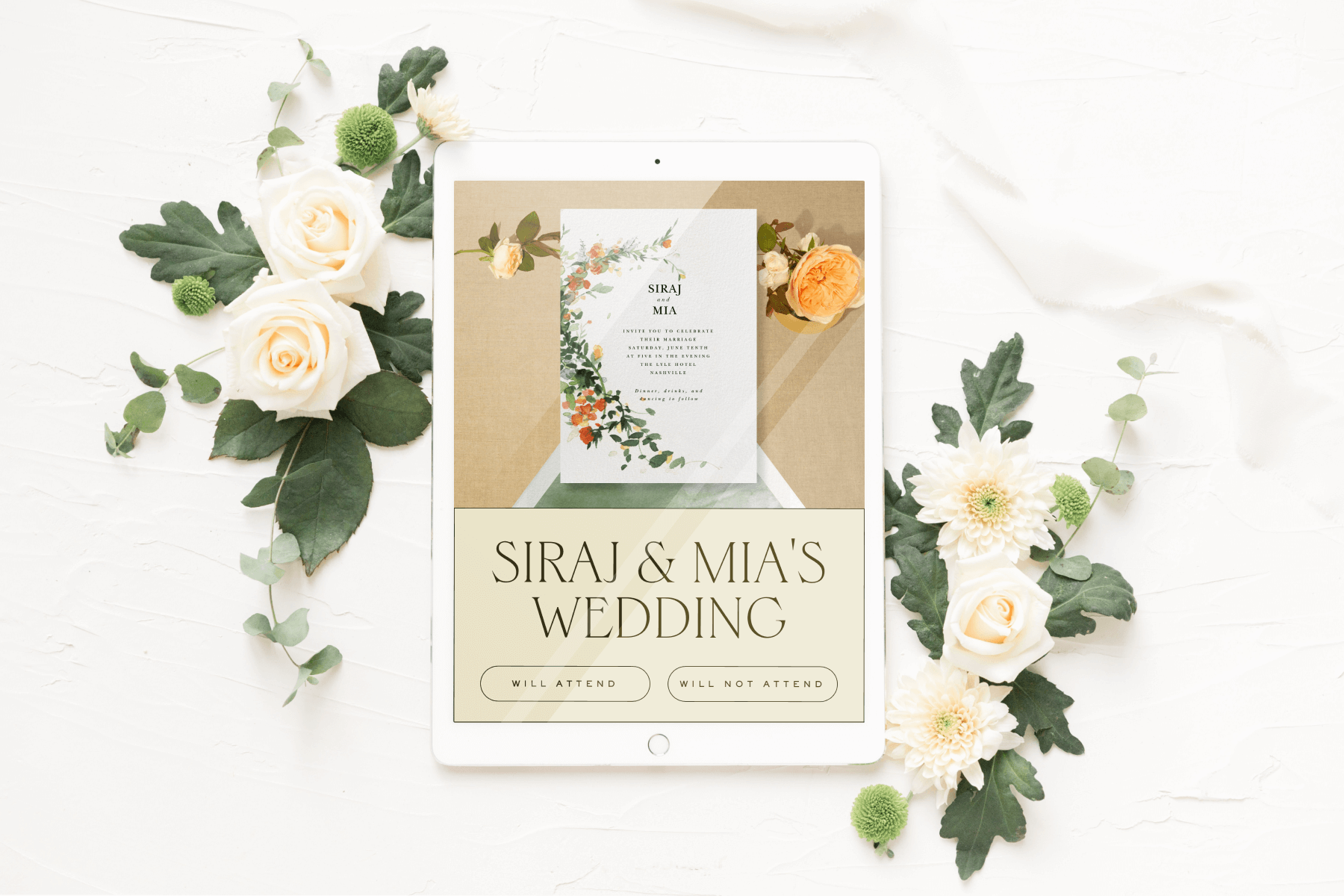 An iPad, flanked by airy flower arrangements, is opened to a Paperless Post wedding invitation and event page.