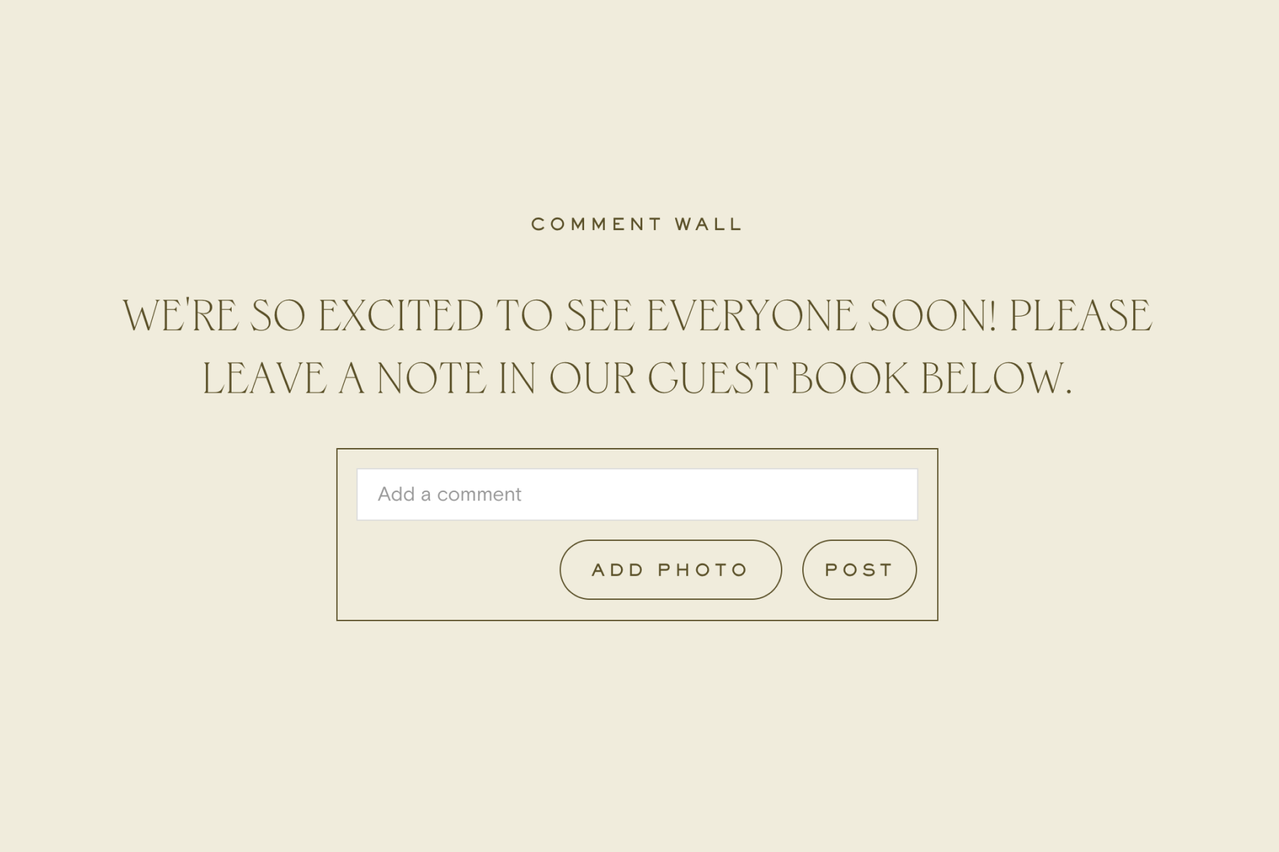 A UI image shows a box for a wedding guest to add words or a photo to a comment wall.