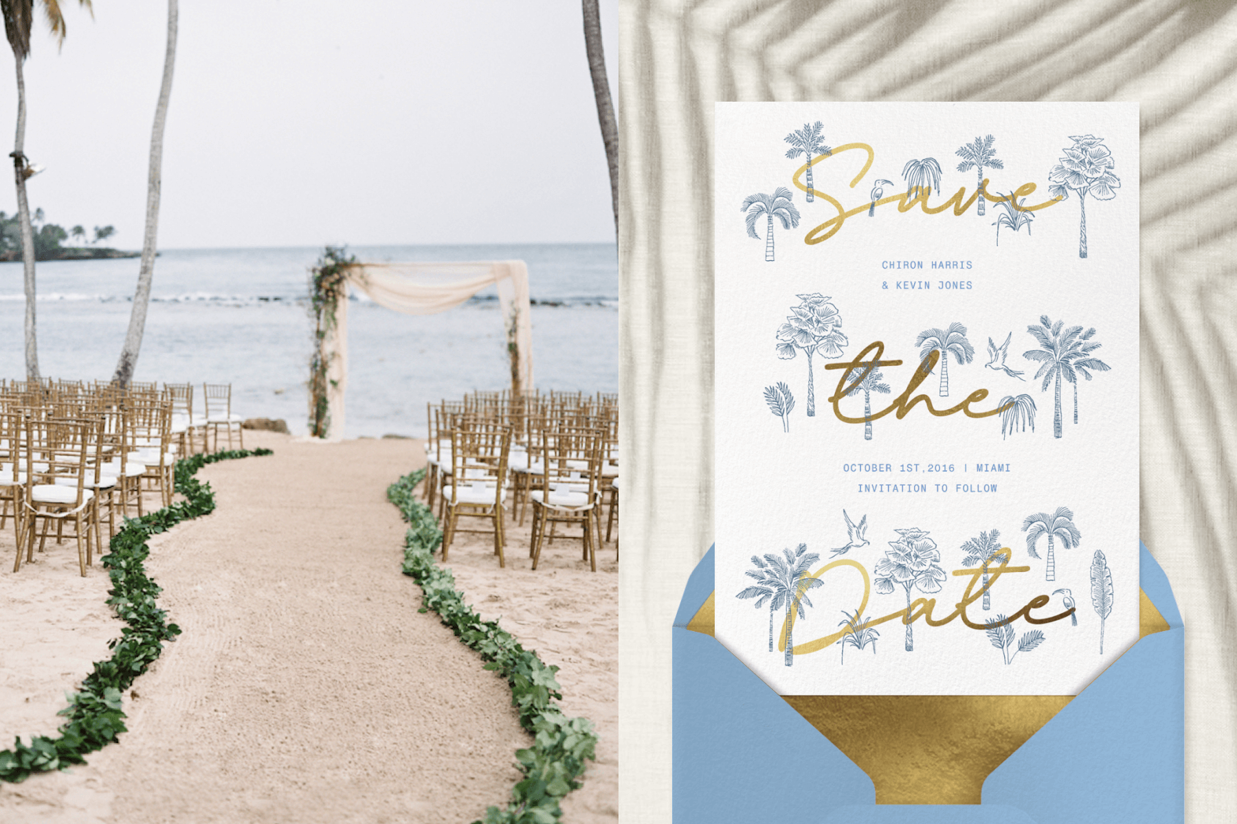 Left: An altar is set for a tropical beach wedding ceremony, with a path created on the sand using leafy boughs, chairs on each side, and a fabric-draped arch. Right: A white card with “save the date” written in large gold script and small illustrations in blue of palm trees, tropical plants, and parrots, emerging from a blue envelope with gold liner.
