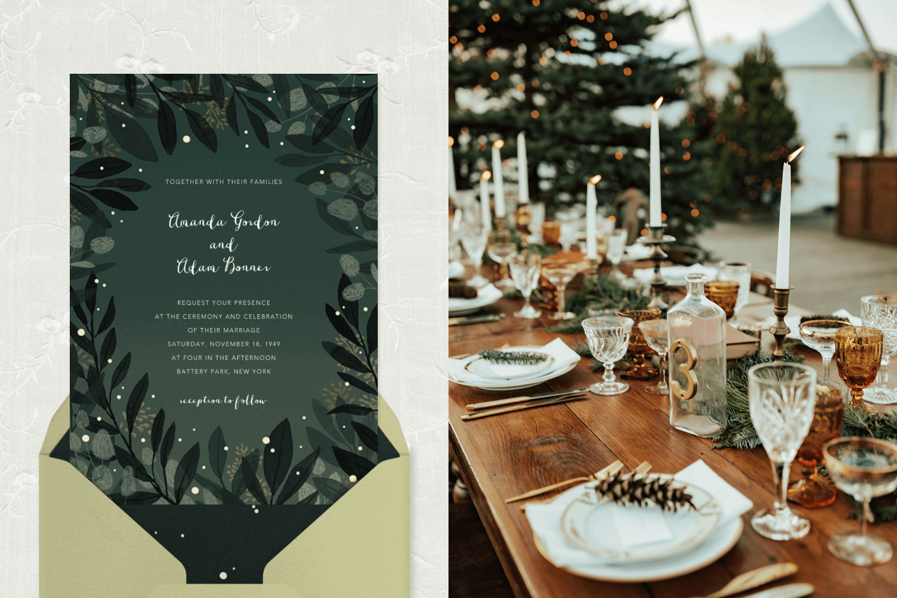 Left: A dark green card with leafy branches forming a border and white starry dots emerges from a kiwi green envelope. Right: A wooden banquet table is set for a wintery celebration with white taper candles, pinecones, and sprigs of fir with a Christmas tree in the background.