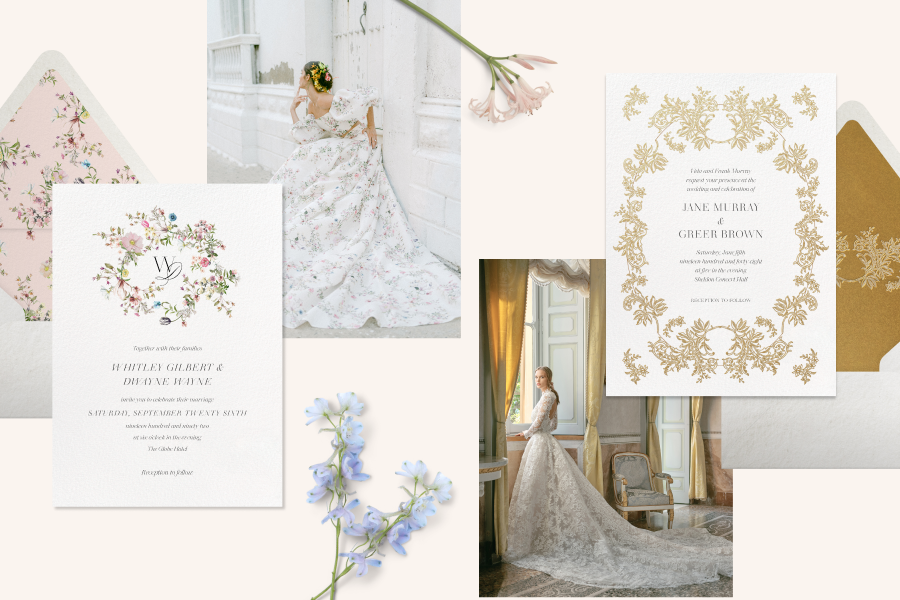 A wedding invitation with gold foil design and a save the date with a floral ring at the top are displayed with images of models in gowns of similar patterns that inspired each card. The scene is propped with flowers and features a blush pink background.