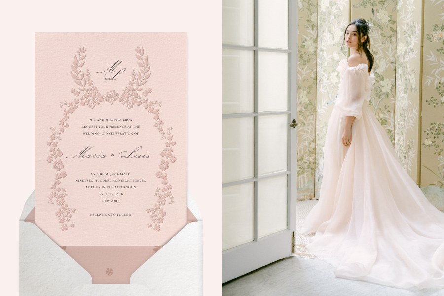 Left: A blush pink wedding invitation features a darker pink design that mimics lace, with a white envelope and dark pink liner; Right: A model in a blush pink wedding gown stands in front of a silk folding screen. 