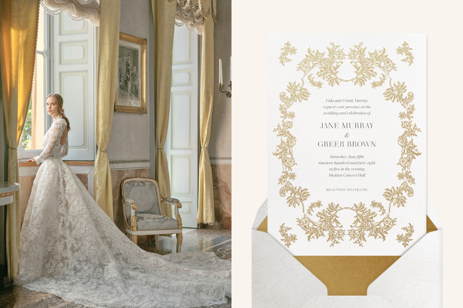 Left: Model in a white lace bridal gown looks out of a window in a room with marble floors and thick silk drapes; Right: Wedding invitation with a white background framed by a gold leaf design that mimics lace, with a white envelope and gold liner. 