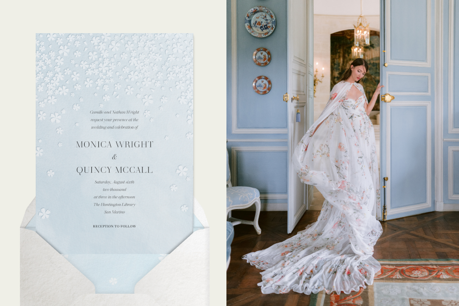 Left: Light blue wedding invitation featuring small, white falling flowers with a white envelope and light blue liner; Right: Model in a white gown and cape with a floral print stands in a blue doorway.