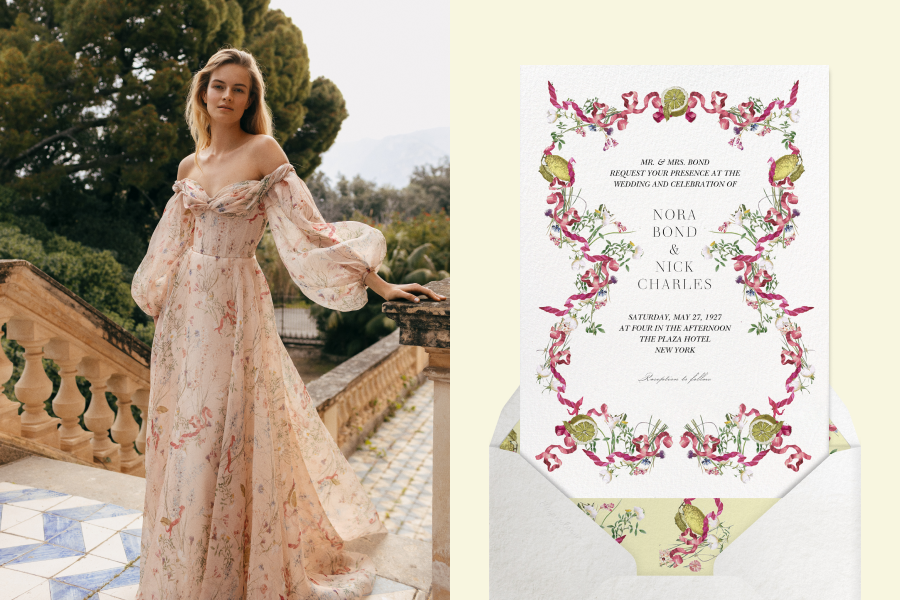 Left: Model in a blush pink gown featuring a lemon and ribbon pattern stands at the top of an outdoor staircase; Right: Wedding invitation with a white background is framed by a design featuring pink ribbons and lemons, with a white envelope and liner featuring the same pattern. 