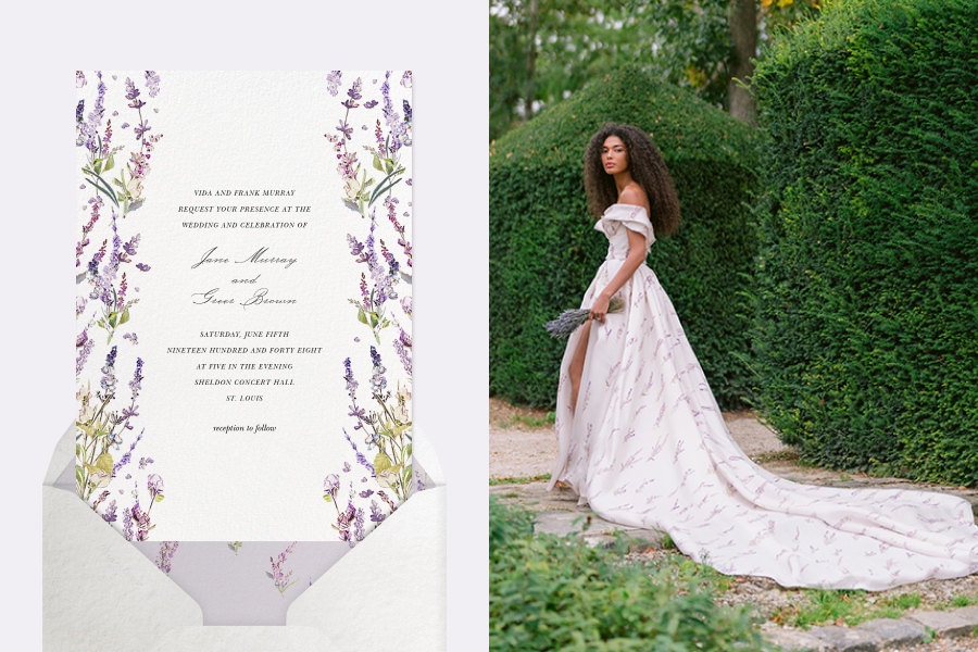 Left: Wedding invitation with a white background and lavender flowers framing each side, with a white envelope and purple background; Right: model in a light purple Monique Lhullier bridal gown covered in a lavender flower print walks through a garden of hedges. 