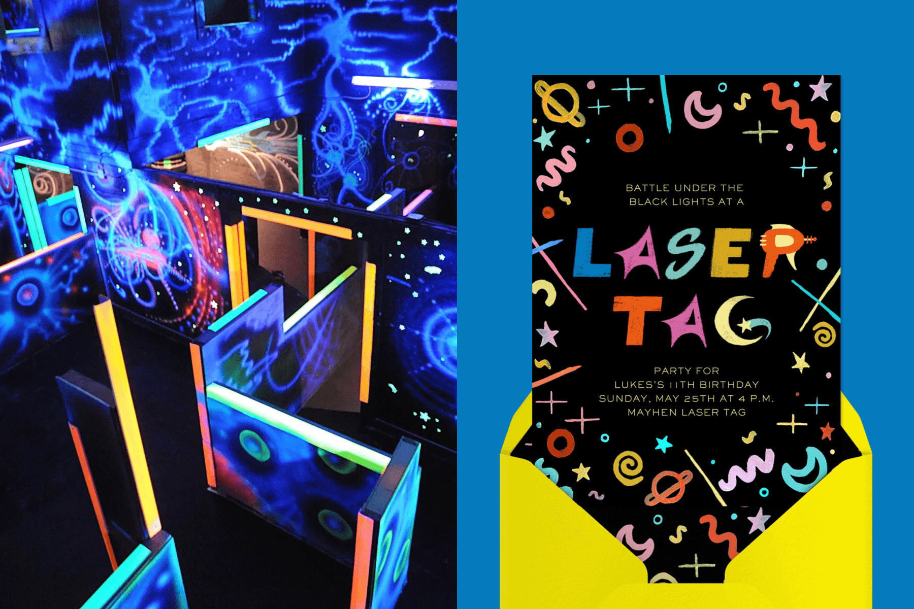 Left: A laser tag course with neon and black lights. Right: A black laser tag invitation with colorful intergalactic squiggles along the border.