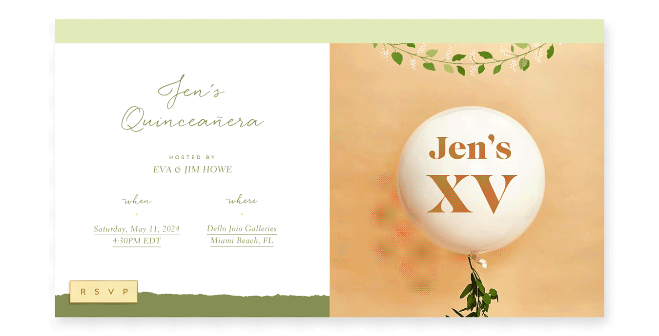An online invitation with a bouncing circular white balloon secured with a green leafy vine on a light orange backdrop and the words “Jen’s XV” in the center.