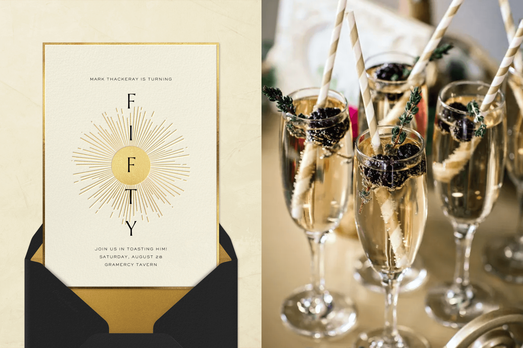 Left: A cream 50th birthday invitation with a gold sunburst in the center and gold border, and the word “FIFTY” written vertically. Right: Four Champagne flutes with blackberry garnishes and striped straws.