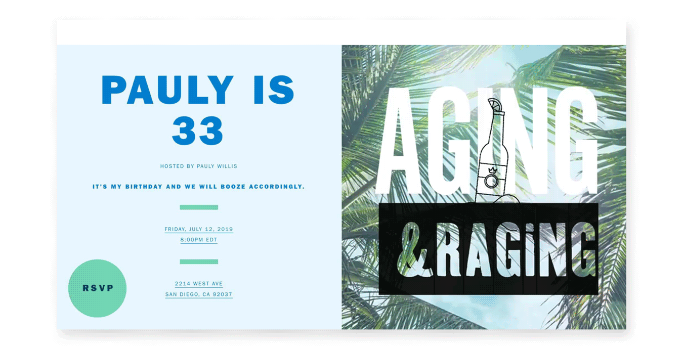 An online invitation with palm fronds against the sky and the words “AGING AND RAGING” in black and white block letters with a beer bottle rocking.
