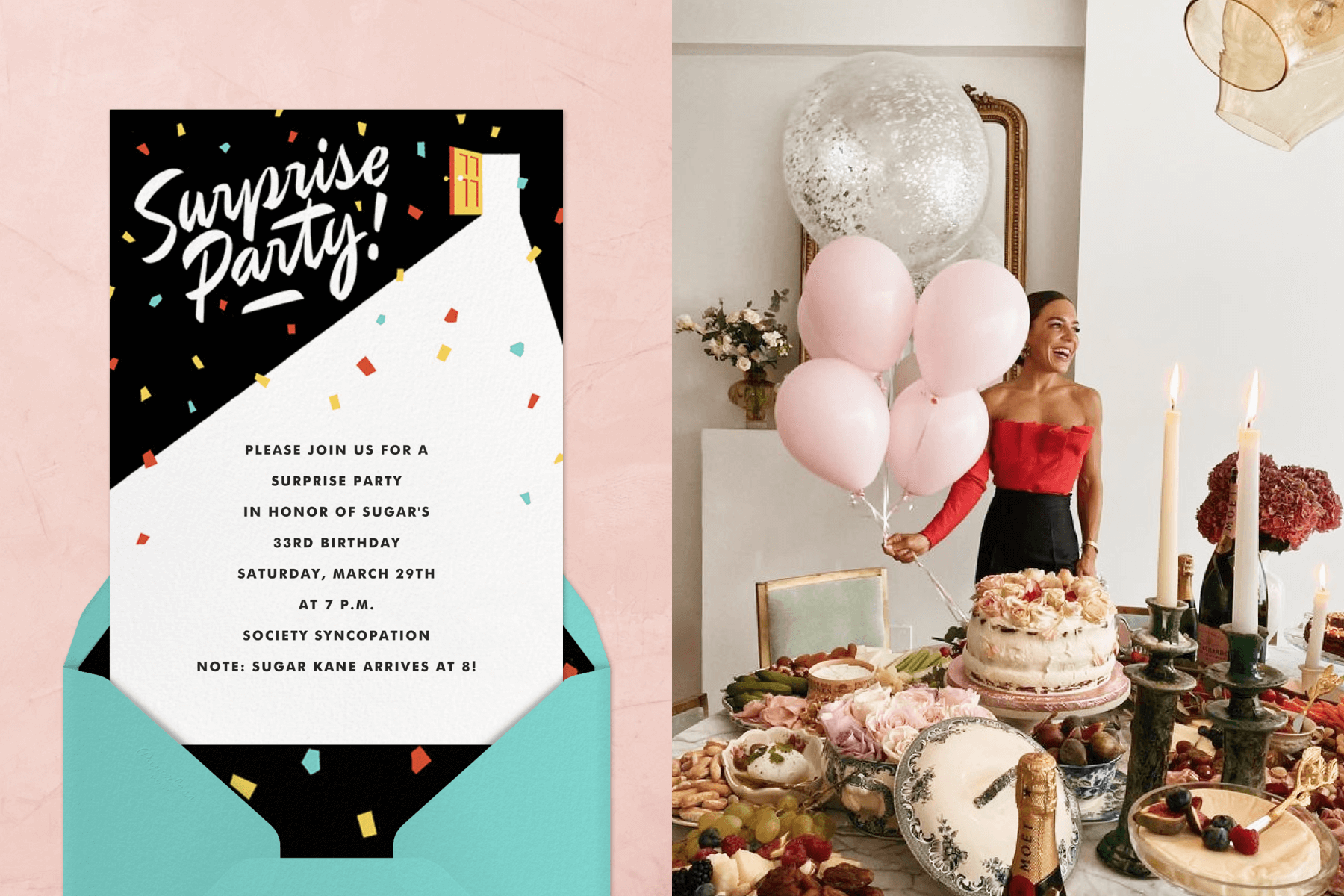 Left: A surprise party invitation shows a small door opening in the upper right corner streaming light into a black room with rainbow confetti. Right: A woman in a red top and black bottoms stands holding oversized baby pink and glitter balloons behind a table loaded with desserts, flowers, and taper candles.