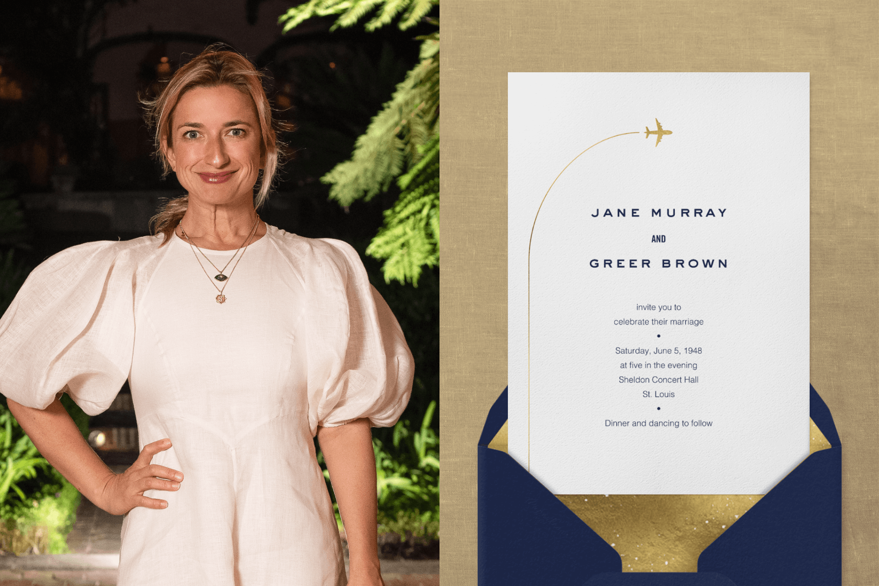 Left: Portrait of celebrity event planner Stefanie Cove, wearing a white dress with puffy sleeves. Right: Wedding invitation with a white background and gold illustration of a plane flying over the text, plus a navy envelope with gold liner. 
