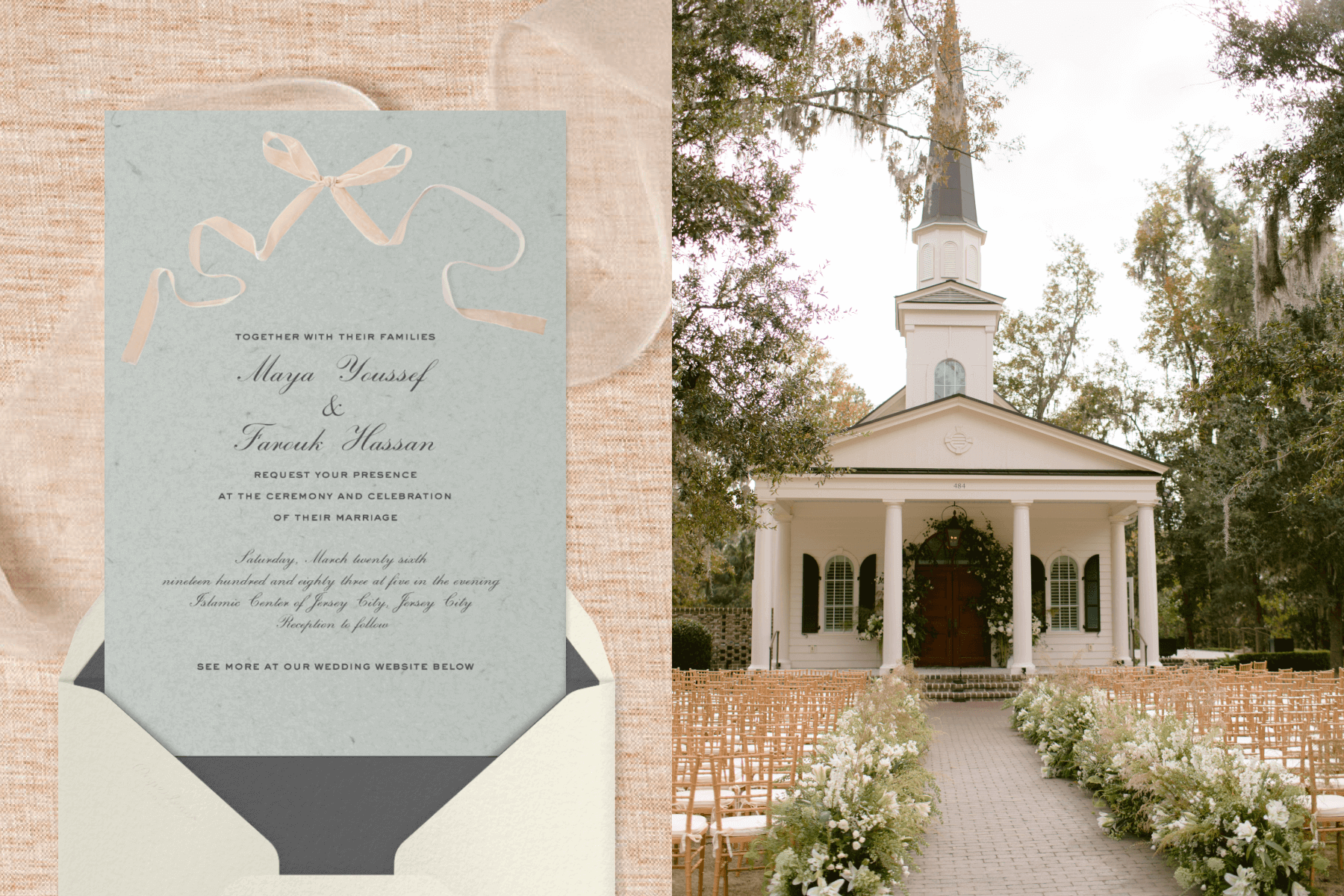 Left: Wedding invitation with a textured light blue background and soft pink bow made out of ribbon at the top, with an off-white envelope and dark grey liner. Right: Small white chapel flanked by tall, mossy oak trees with chairs and a wedding aisle placed in front. 