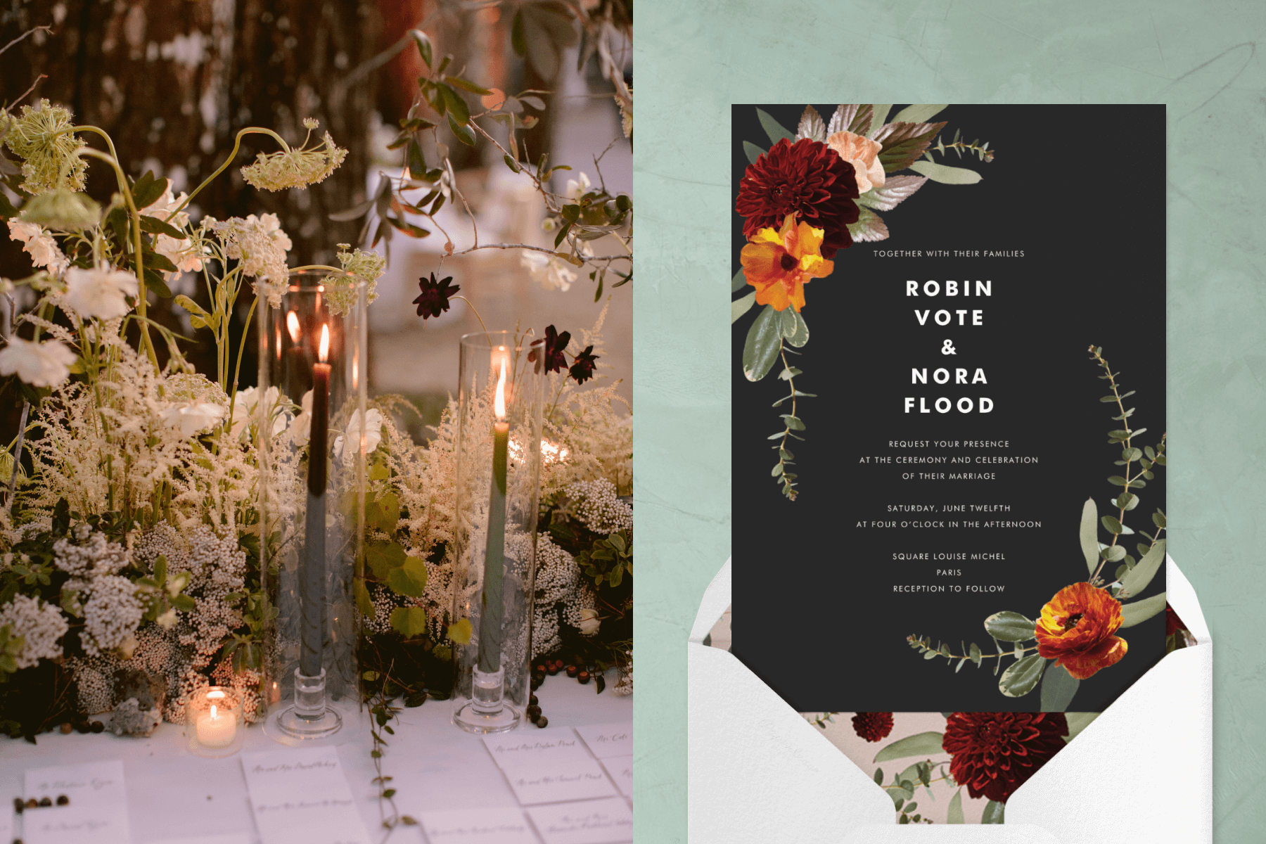 Left: Table full of wedding place cards, with white and green flowers and light green tall candles in hurricane vases. Right: Wedding invitation with dark grey background and orange and dark red florals lining opposite corners, with a white envelope. 