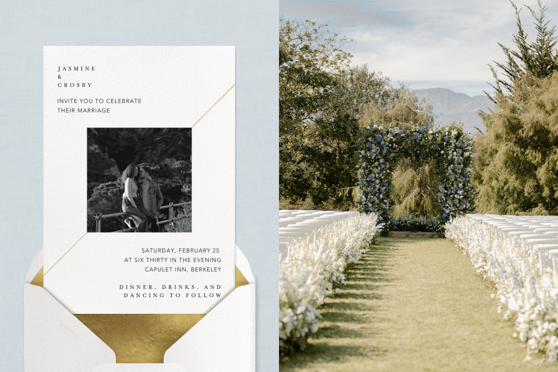 Left: Modern wedding invitation with white background, black and white photo of a couple and a gold line cutting across the card diagonally, with a white envelope and gold liner. Right: Grassy outdoor wedding aisle with floral arch at the end and white chairs lining the aisle. 