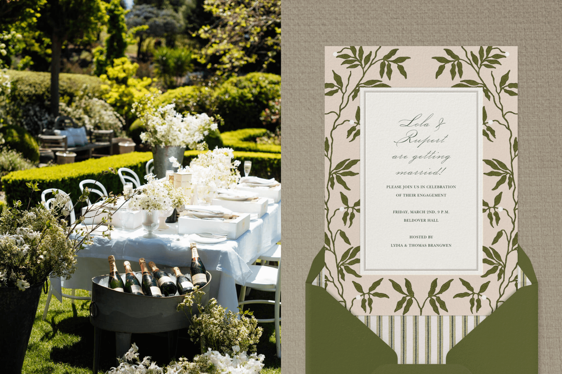 Left: A well-set table in a manicured garden. The decorations are white-on-white and there is a tub of champagne in the foreground. Right: A taupe engagement party invitation with a floral border. The invitation is paired with a grass green invitation with a vertical stripe patterned liner.