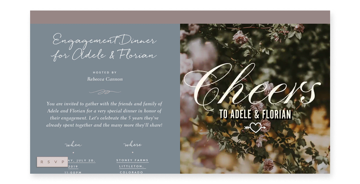 An animated engagement party invitation with a floral backdrop and a big scripted “Cheers.”
