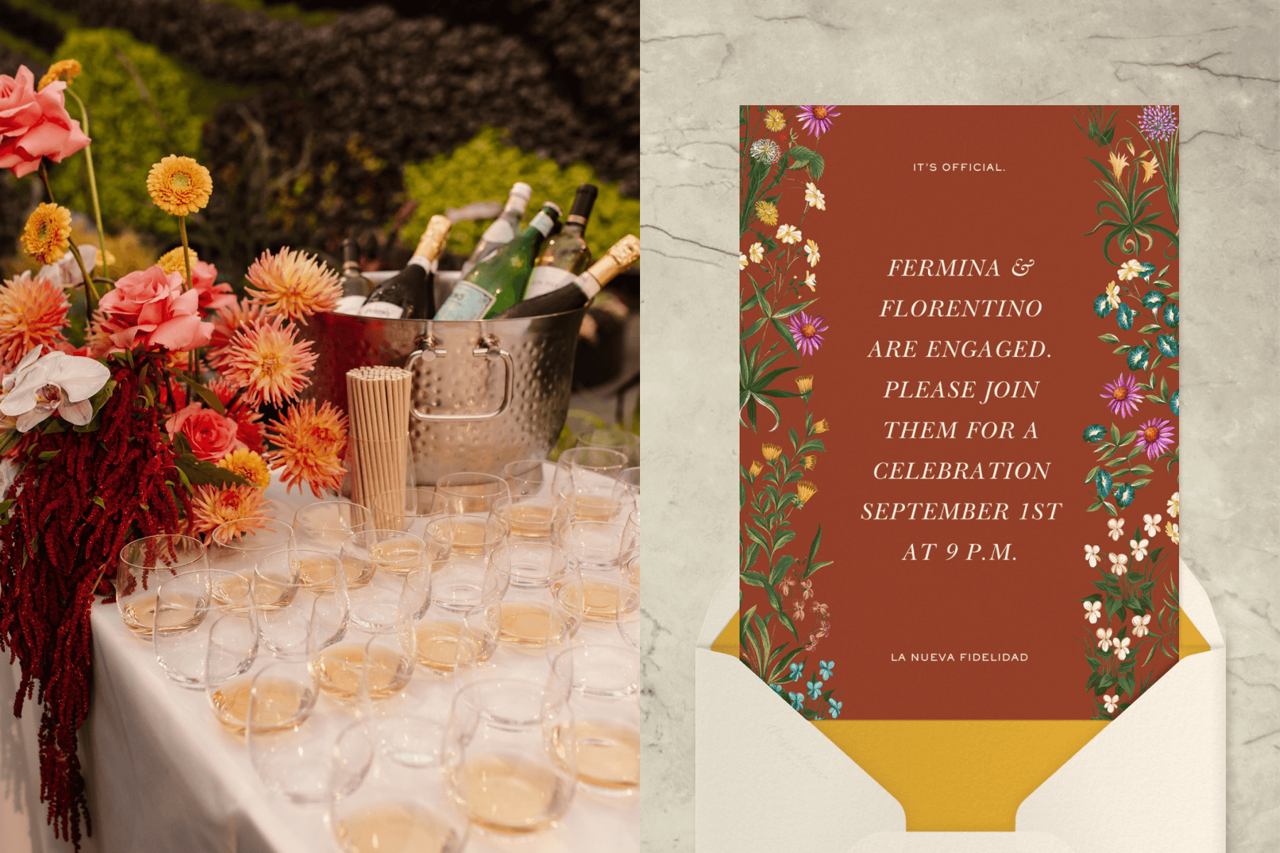 Left: A drinks table at a party with various types of wine poured; right: a brown engagement party invitation featuring a floral motif and paired with a cream and yellow envelope.