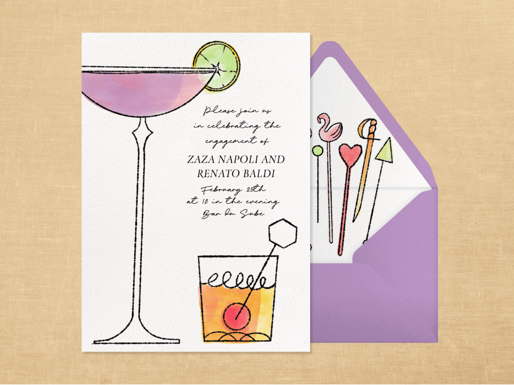 A cocktail-themed engagement party invitation with a matching envelope.
