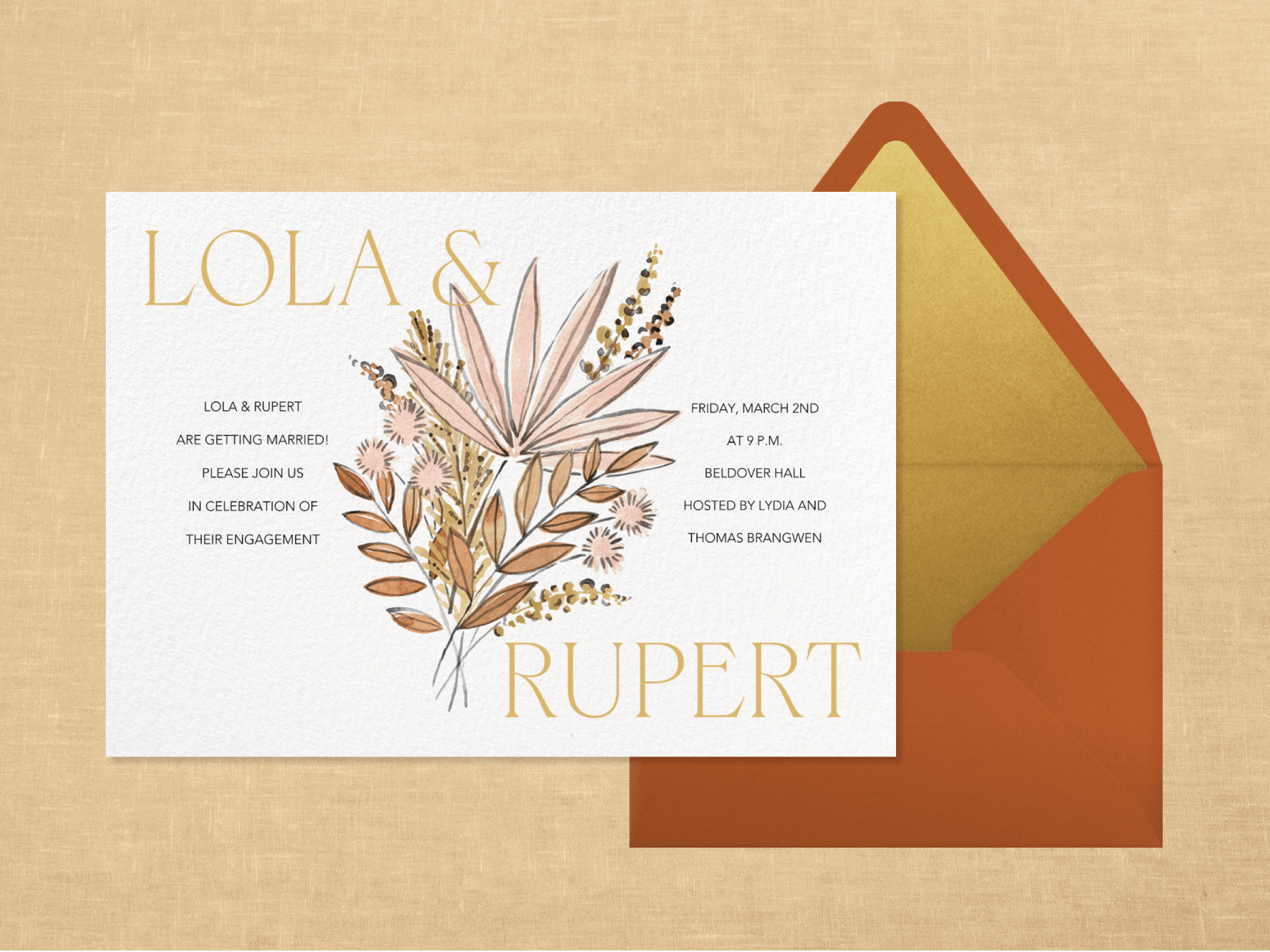 A horizontal engagement party invitation featuring a floral illustration and paired with an orange and gold envelope.