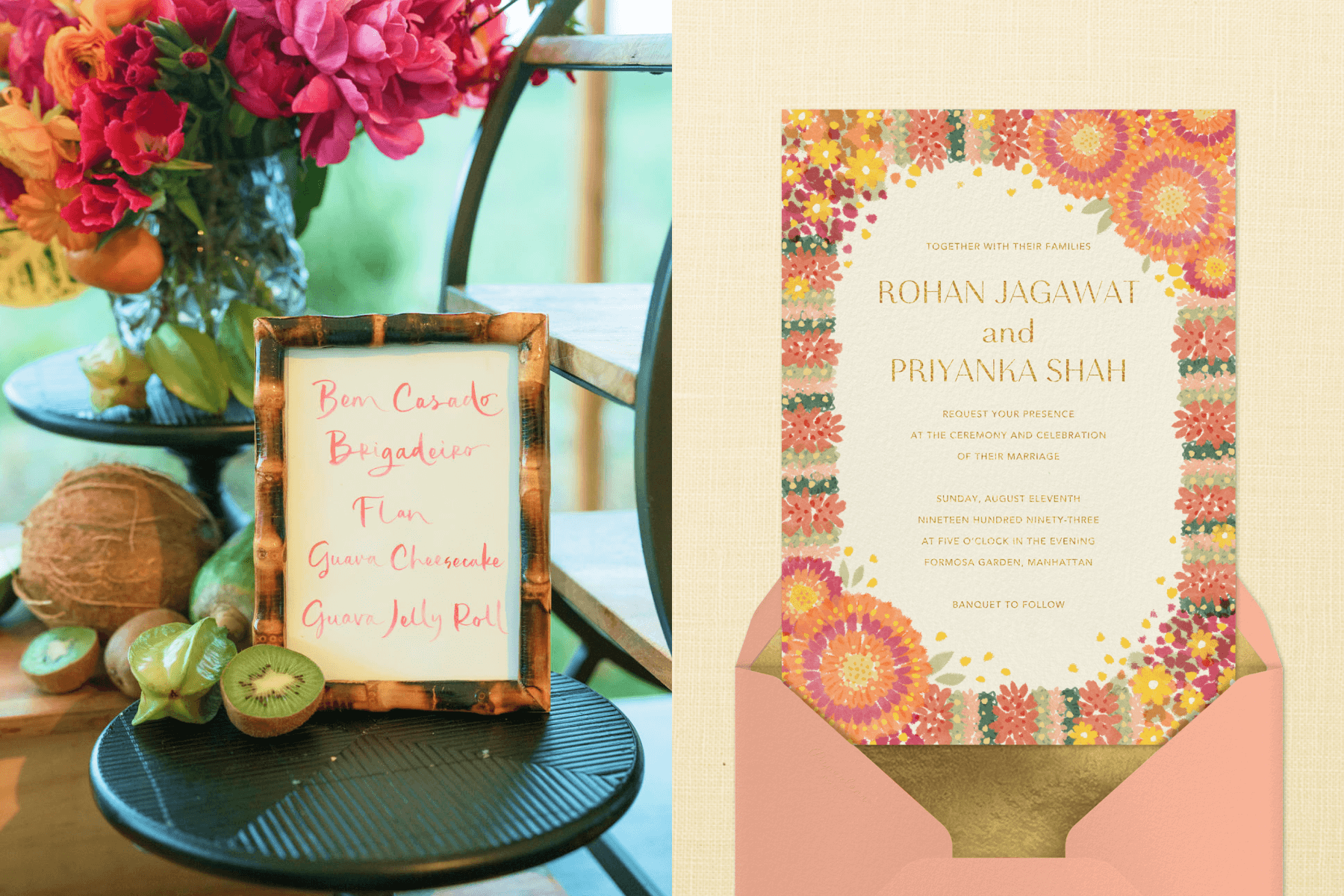 Left: A bamboo-framed sign with dessert names written in pink handwriting sits on a small black table beside kiwi fruit and flowers in the background. Right: A wedding invitation with a colorful border of sherbet-colored abstract flowers on a pink envelope with gold liner.