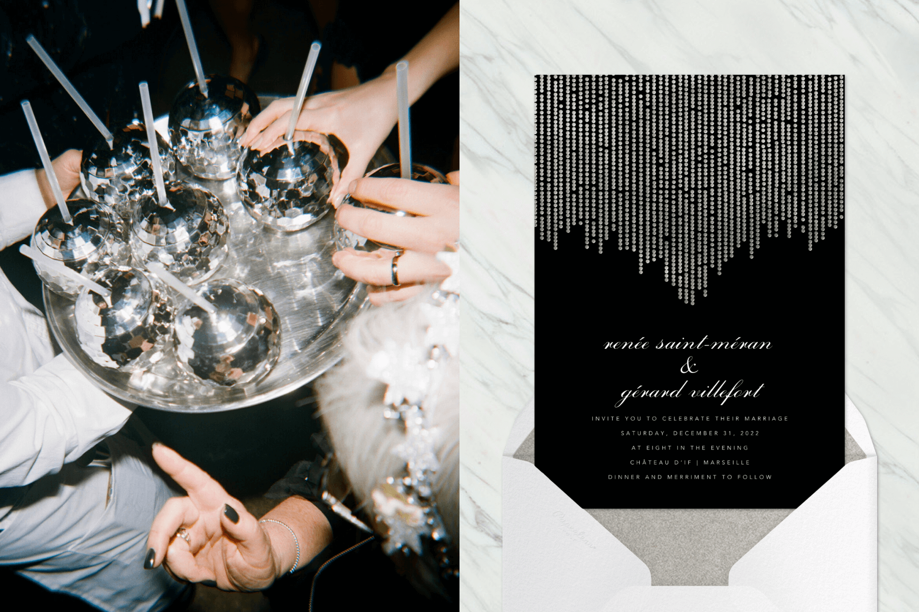 Left: A black invitation with silver beaded strings hanging from the top on a marble backdrop. Right: Hands reach for disco ball-shaped drinks with straws on a silver serving platter.