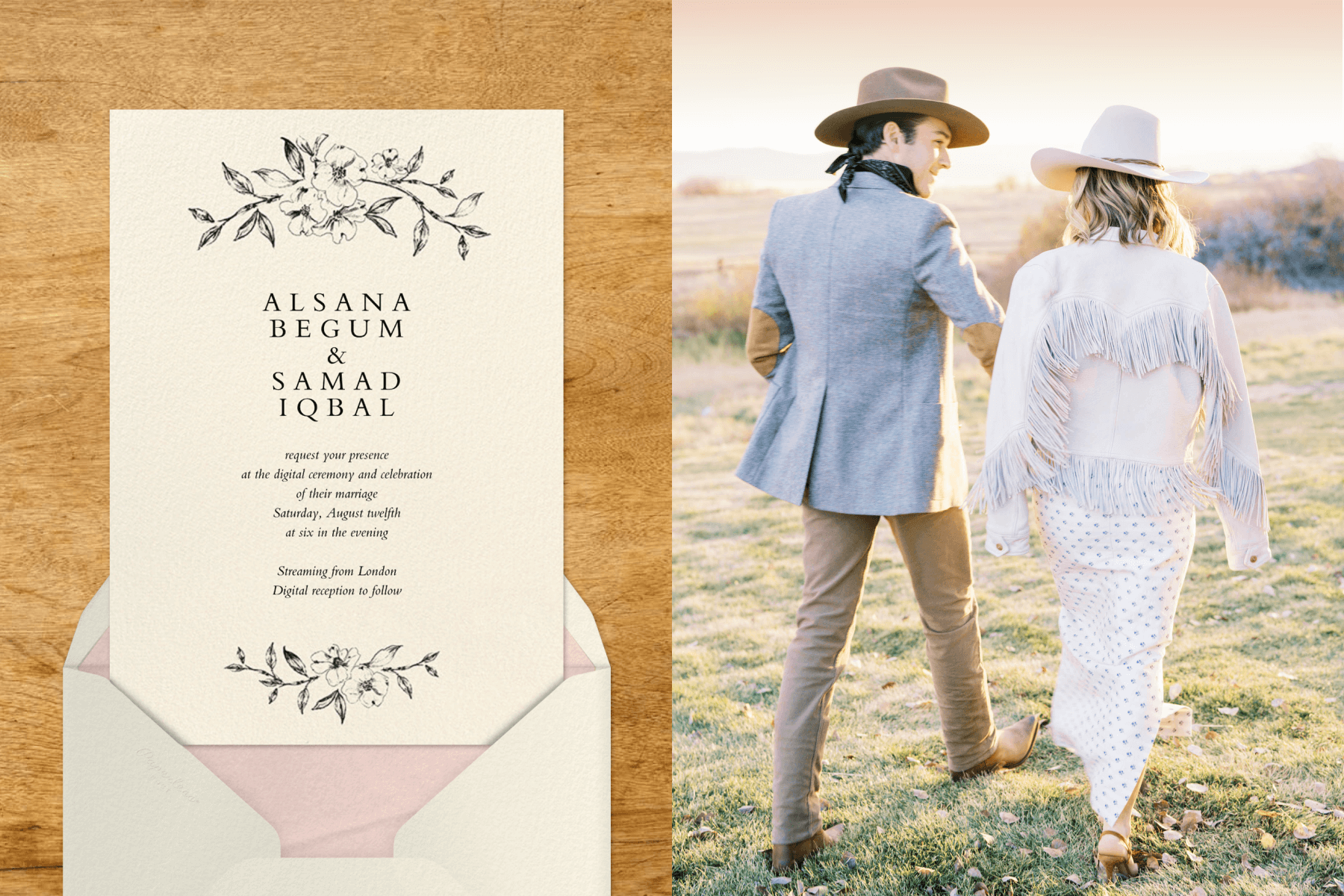 Left: A cream wedding invitation with sketches of blossoming branches on the top and bottom on a wood backdrop. Right: A newlywed couple seen from behind walks outside wearing Western-inspired clothing, like wide-brim hats and a white fringe jacket.