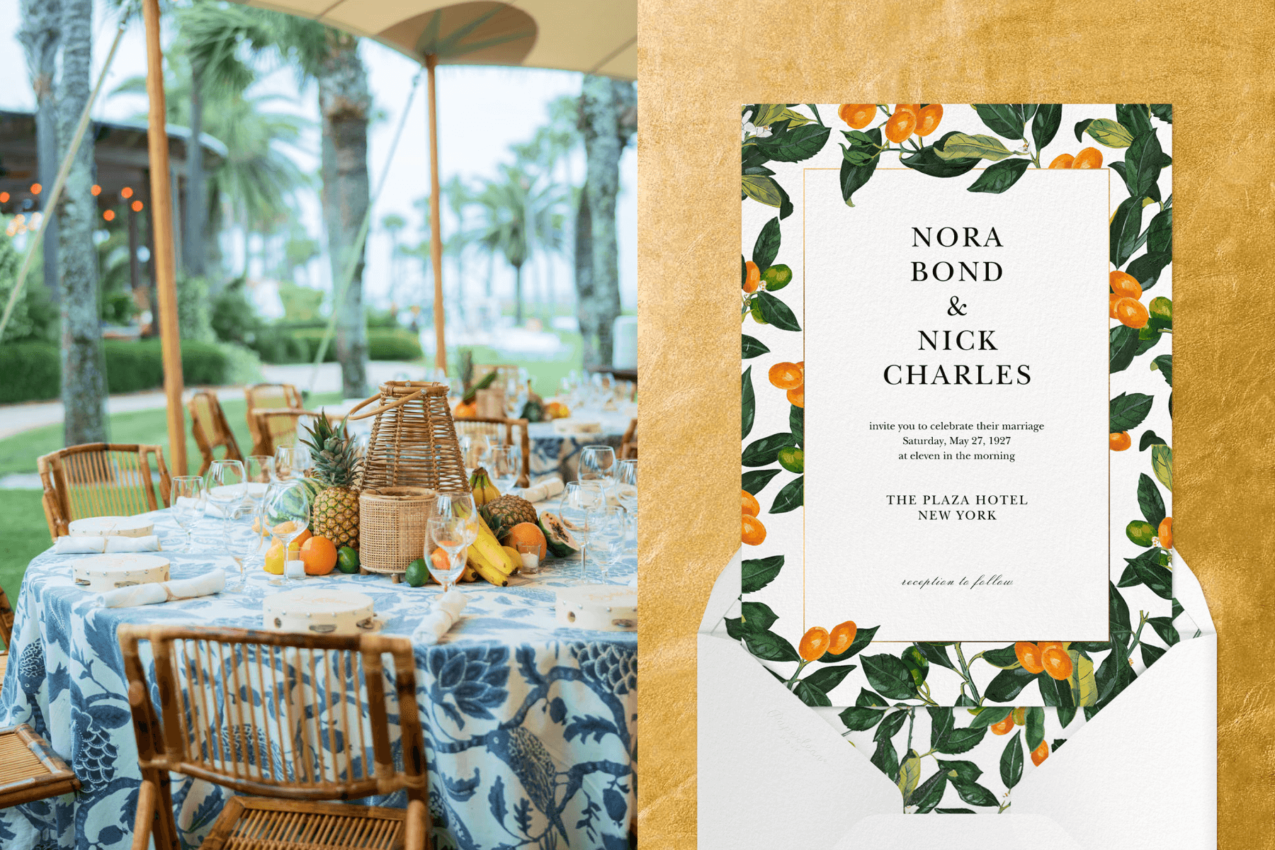 Left: In a tropical setting, a round table with a blue printed table cloth and rattan chairs is set with a rattan lantern and tropical fruits in the center. Right: A wedding invitation with a border of leaves and kumquats on a gold foil backdrop.
