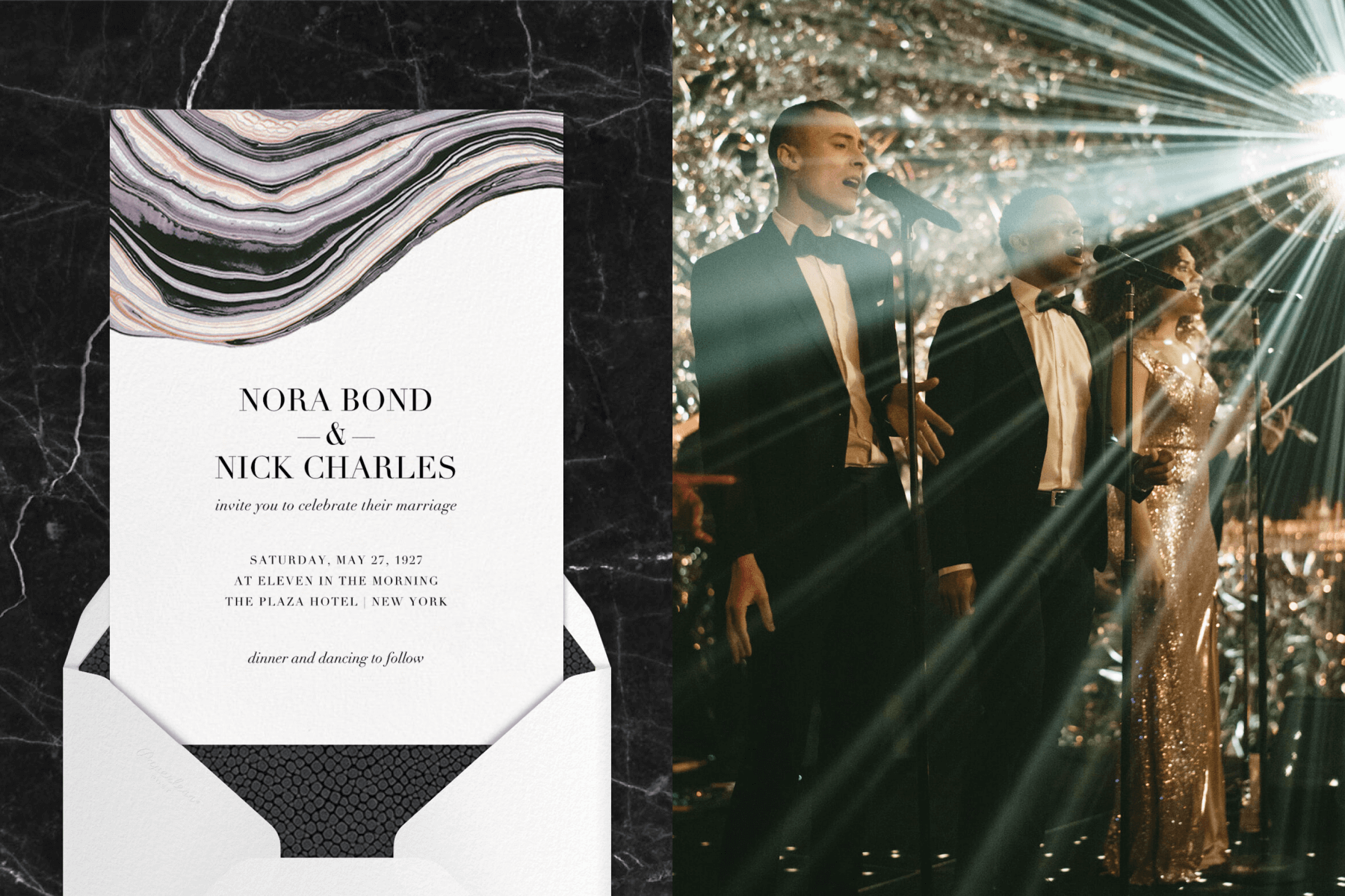 Left: A white wedding invitation with a pink, purple, and black marbled pattern on the top on a black marble backdrop. Right: Three singers, two in tuxedos and one in a gold sequin gown, sing at microphones with a disco ball shining on them and a metallic backdrop.