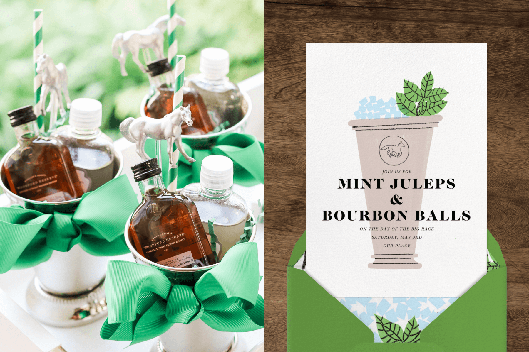 Left: Three DIY mint julep kits as party favors featuring silver cups with green grosgrain bows filled with small bourbon bottles, striped straws, a small horse figurine, and small bottles of mint syrup. Right: A white invitation with a silver mint julep cocktail glass illustration with a horse emblem on it emerging from a green envelope on a wood backdrop.