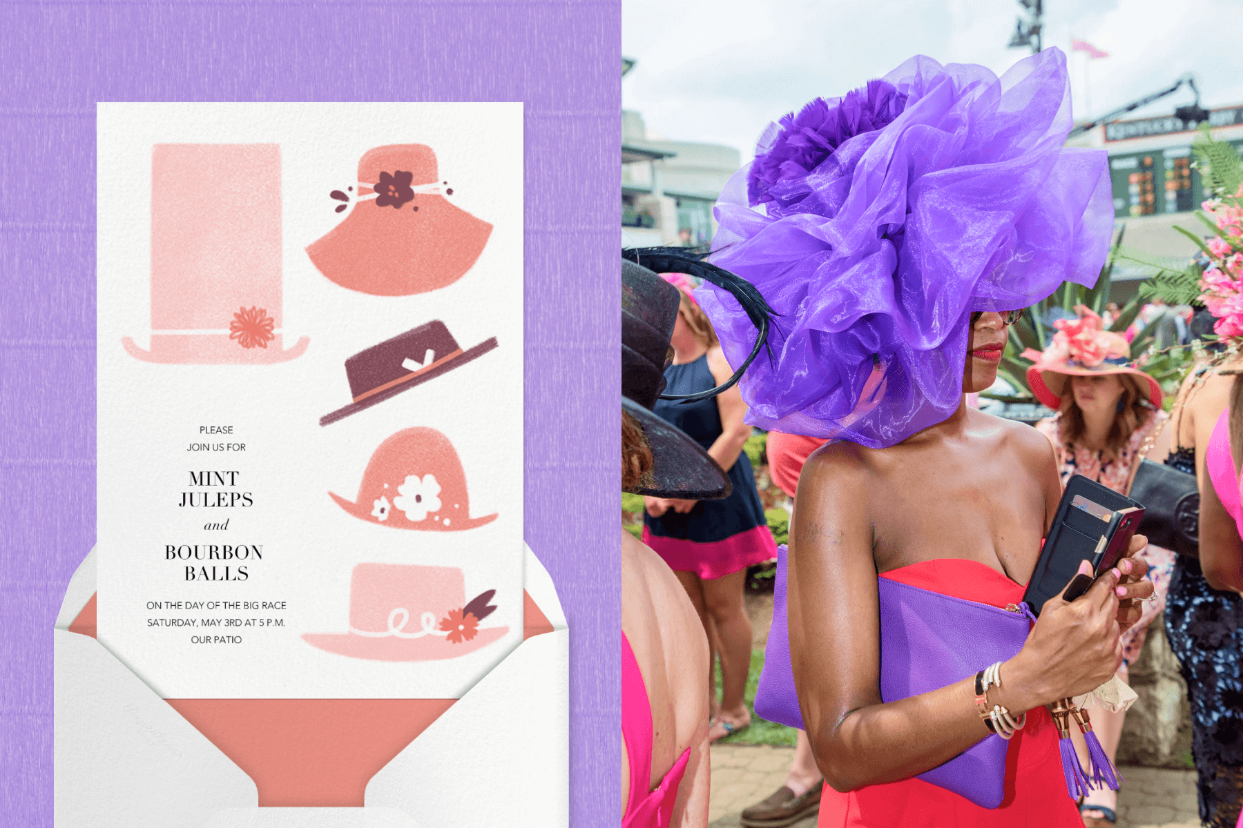 Left: A white invitation with illustrations of five different style pink hats. Right: A woman in a crowd wears a large purple hat that covers her face, resembling a flower.