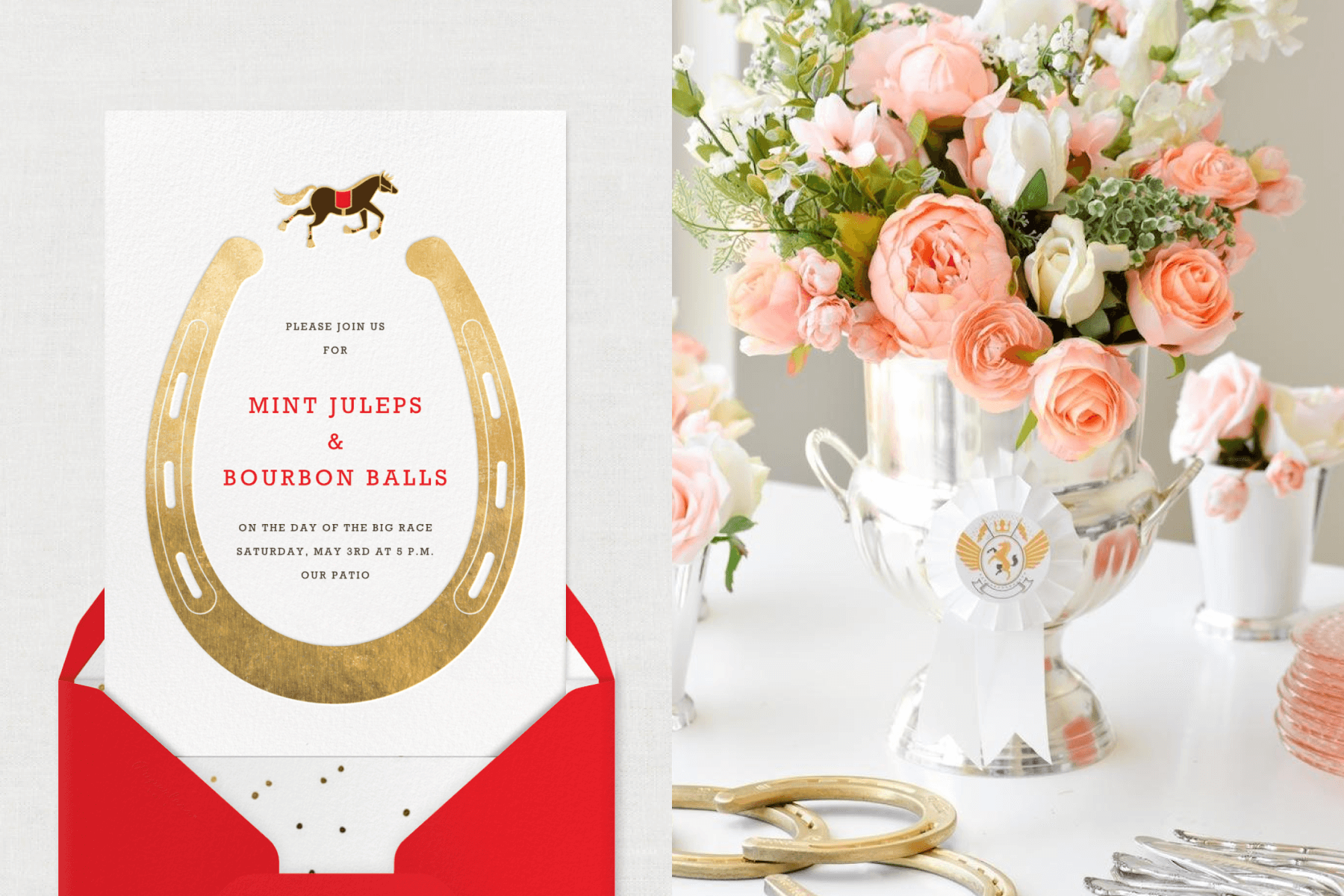 Left: A white invitation with a large gold horseshoe and a small galloping horse above it emerges from a red envelope. Right: A silver vase with a white prize ribbon on it is filled with pink, white, and green flowers on a table with gold horseshoes.