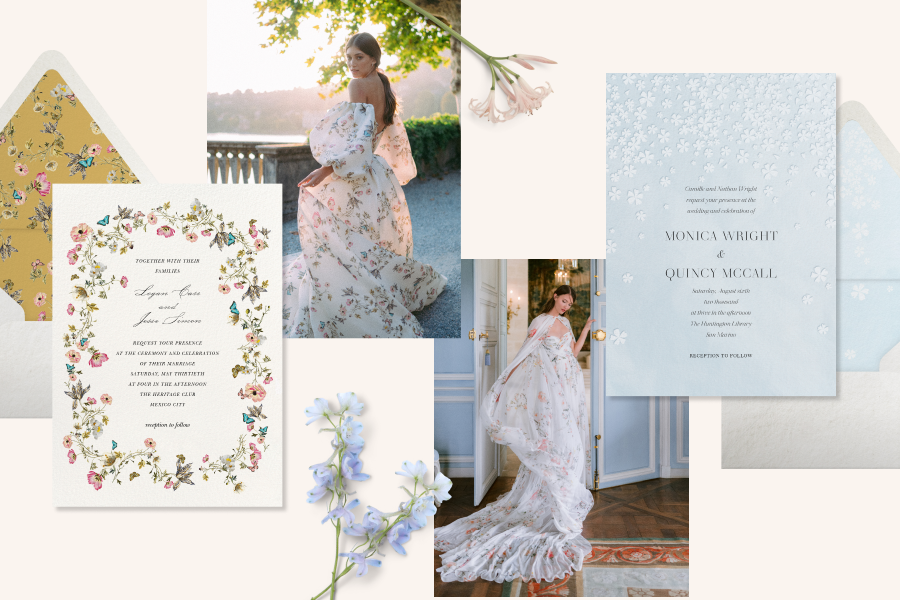 Wedding invitation with a white background and pink floral border with blue butterflies next to a picture of a model in a dress featuring the same design; wedding invitation with a light blue background and small white flowers falling from the top of the card, next to a picture of a model wearing a gown and cape covered in flowers. 