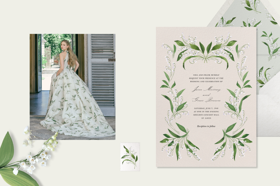 Left: Picture of a model wearing a gown covered in a lily of the valley pattern; Right: Wedding invitation with lily of the valley floral border and a stamp with the same flower next to it. 