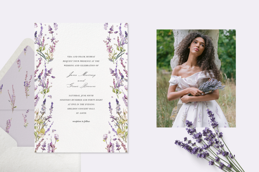 Left: Wedding invitation with a white background and lavender floral design lining each side of the card. Right: Picture of a model in a gown featuring a lavender floral pattern. 