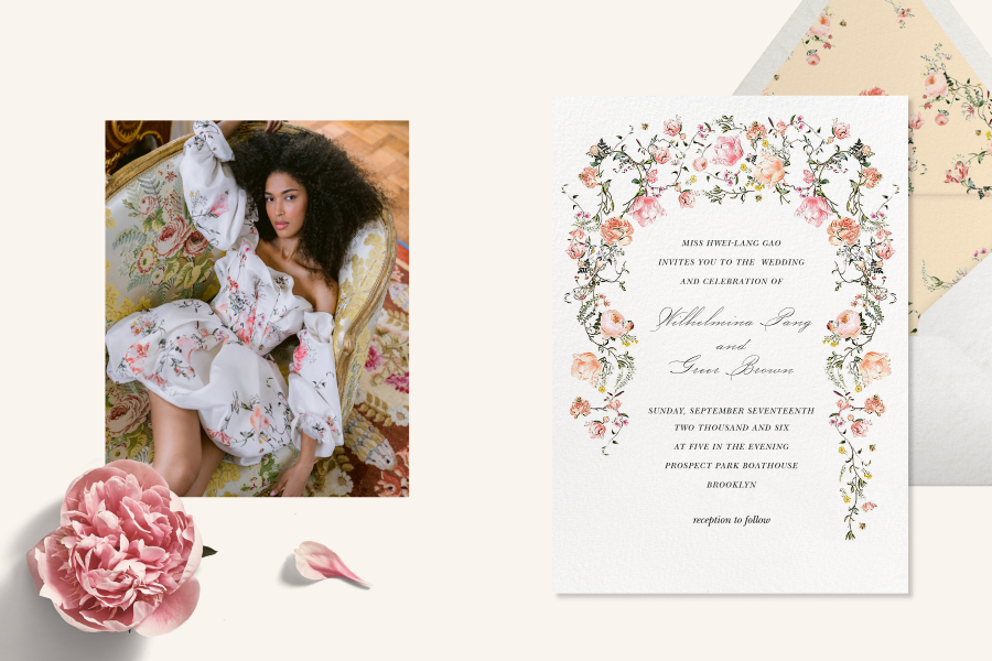 Left: Picture of a model laying on a sofa in a floral print party dress; Right: Wedding invitation featuring a white background and a pink and light orange floral arch framing the card. 