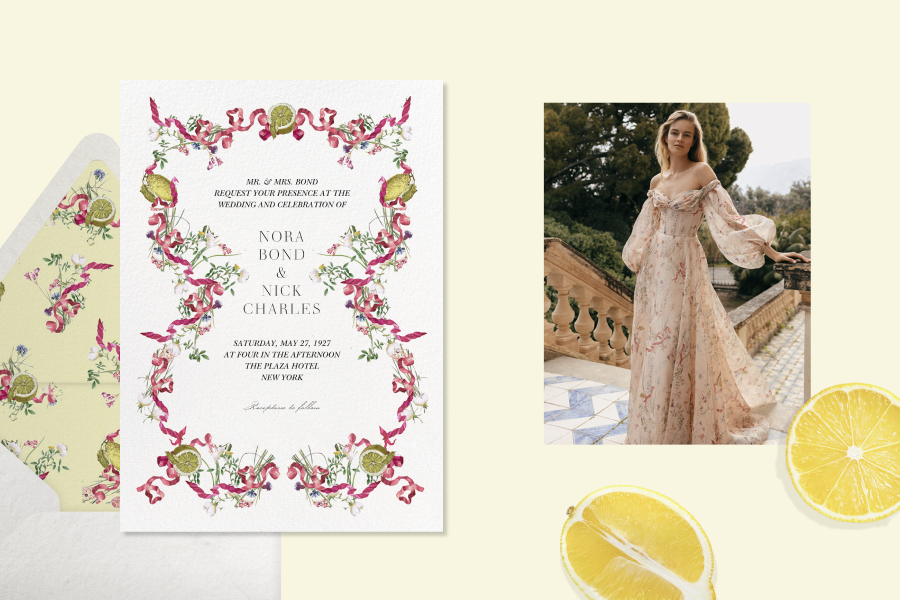 Left: Wedding invitation featuring a white background with a pink ribbon and lemon design framing the card; Right: Picture of a model at the top of an outdoor staircase wearing a blush colored gown covered in a ribbon and lemon print. 