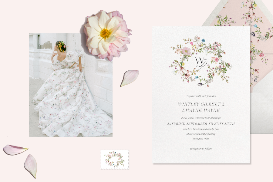 Left: Picture of a model wearing a white gown covered in a flora print; Right: Wedding invitation with a white background featuring a floral crest design in the center. 