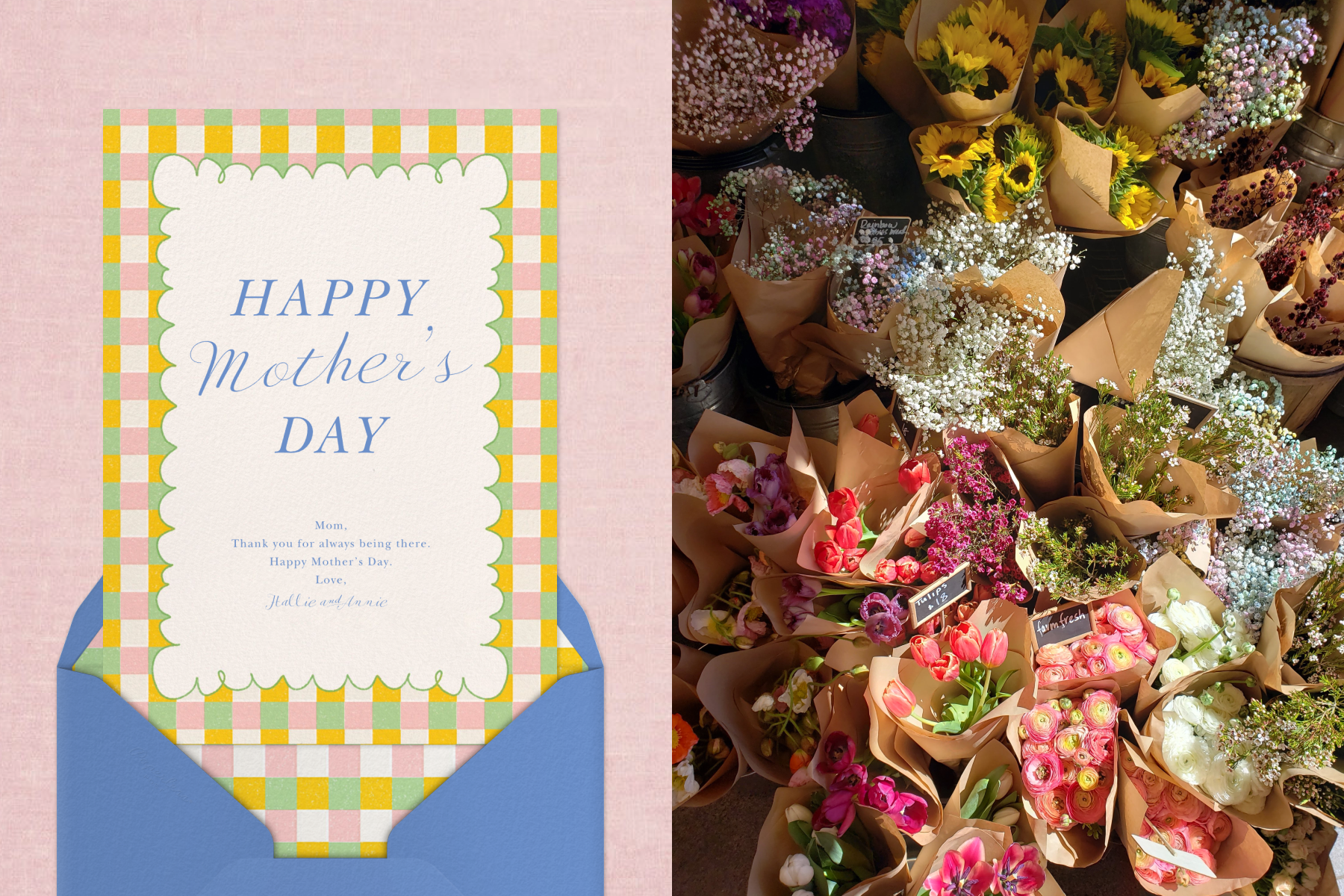 Left: A white card that says ‘Happy Mother’s Day’ with an orange, pink, and green woven border over a blue envelope on a pink background. Right: A diverse arrangement of various types of flower bouquets, each wrapped in brown paper.