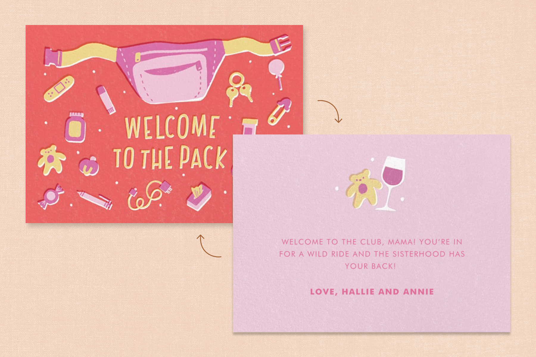 An illustrated Mother’s Day card showing one of the messages suggested below. The card reads “Welcome to the pack.”