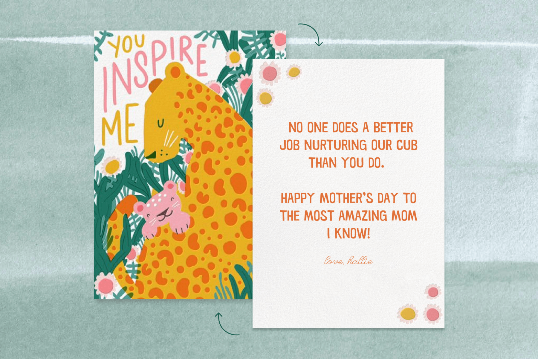An illustrated panther and cub Mother’s Day card showing one of the messages suggested below. The card reads “You inspire me.”