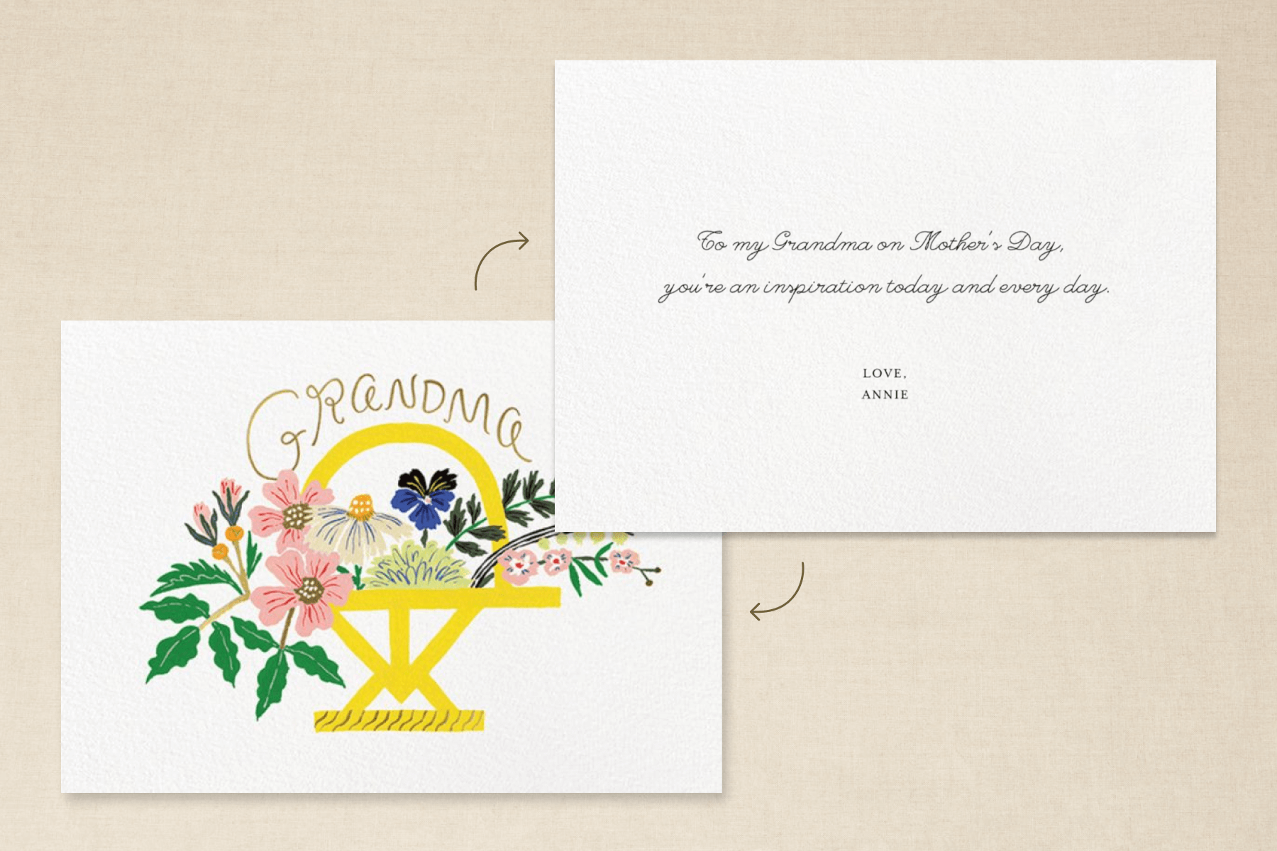 An illustrated floral Mother’s Day card showing one of the messages suggested below. The card reads “Grandma.”
