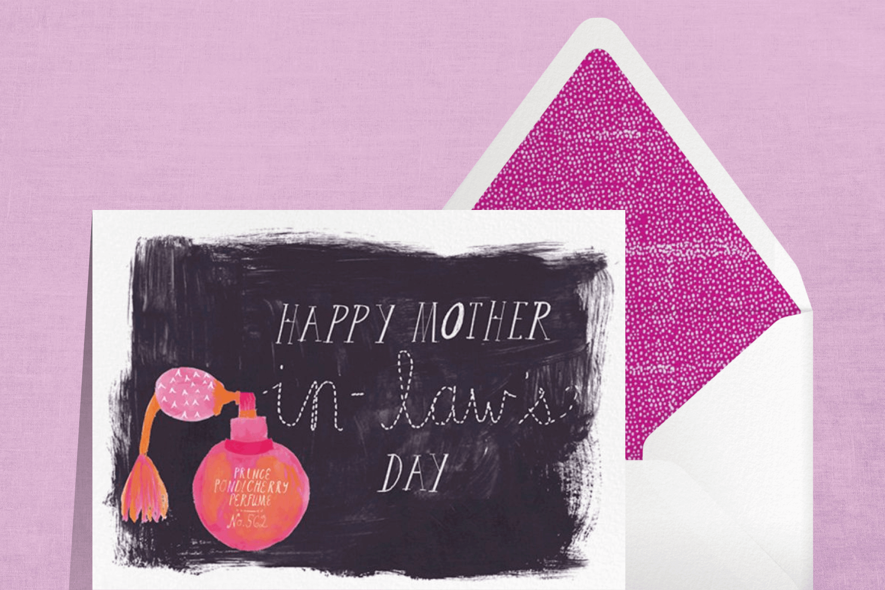 A Mother’s Day card showing a perfume bottle and the phrase “Happy Mother In-Law’s Day.”